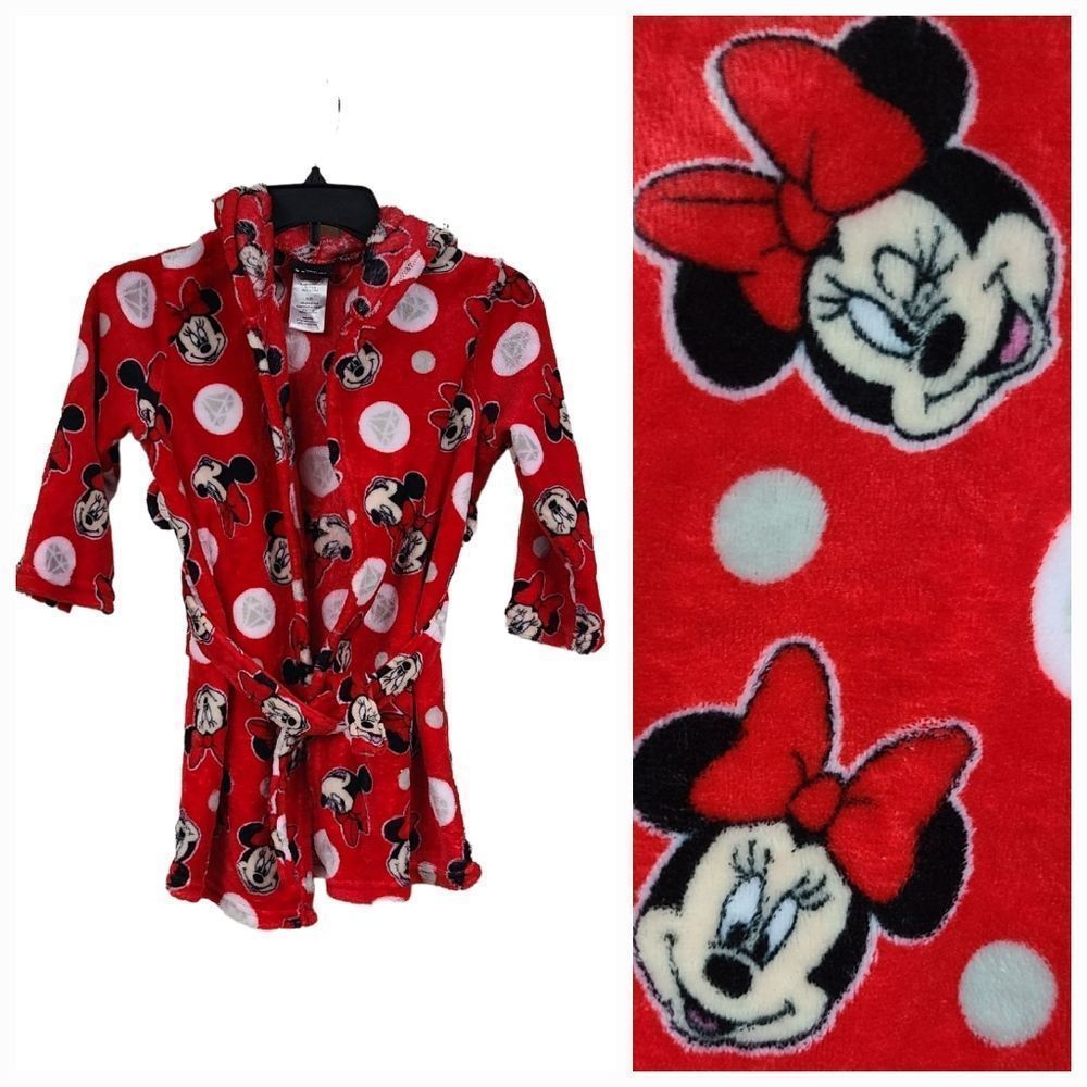 Disney MINNIE MOUSE Girls S/6 Robe Plush Red Furry Fleece Hooded Bathrobe Pajama